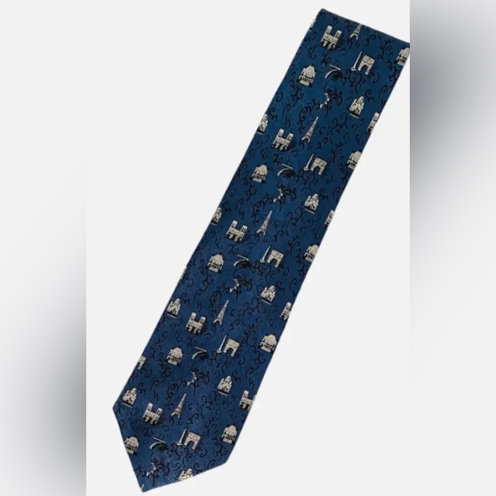 Luxury Silk Roger L Paris Blue Tie Paris Landmarks & Scrolls Pattern Vintage 90s